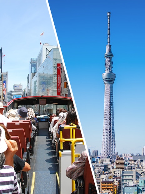 Open-top bus tour in Tokyo with view of Tokyo Skytree.