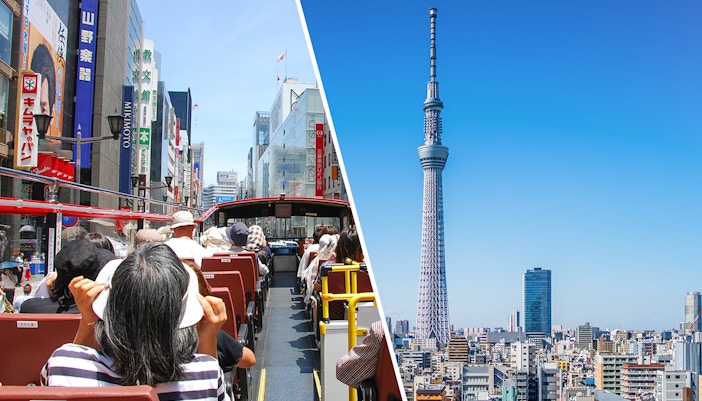 Tourists enjoying the Combo: Sky Hop Bus Hop-On Hop-Off Tour with Tokyo Skytree Tickets, offering panoramic city views from the bus and the Skytree in Tokyo, Japan