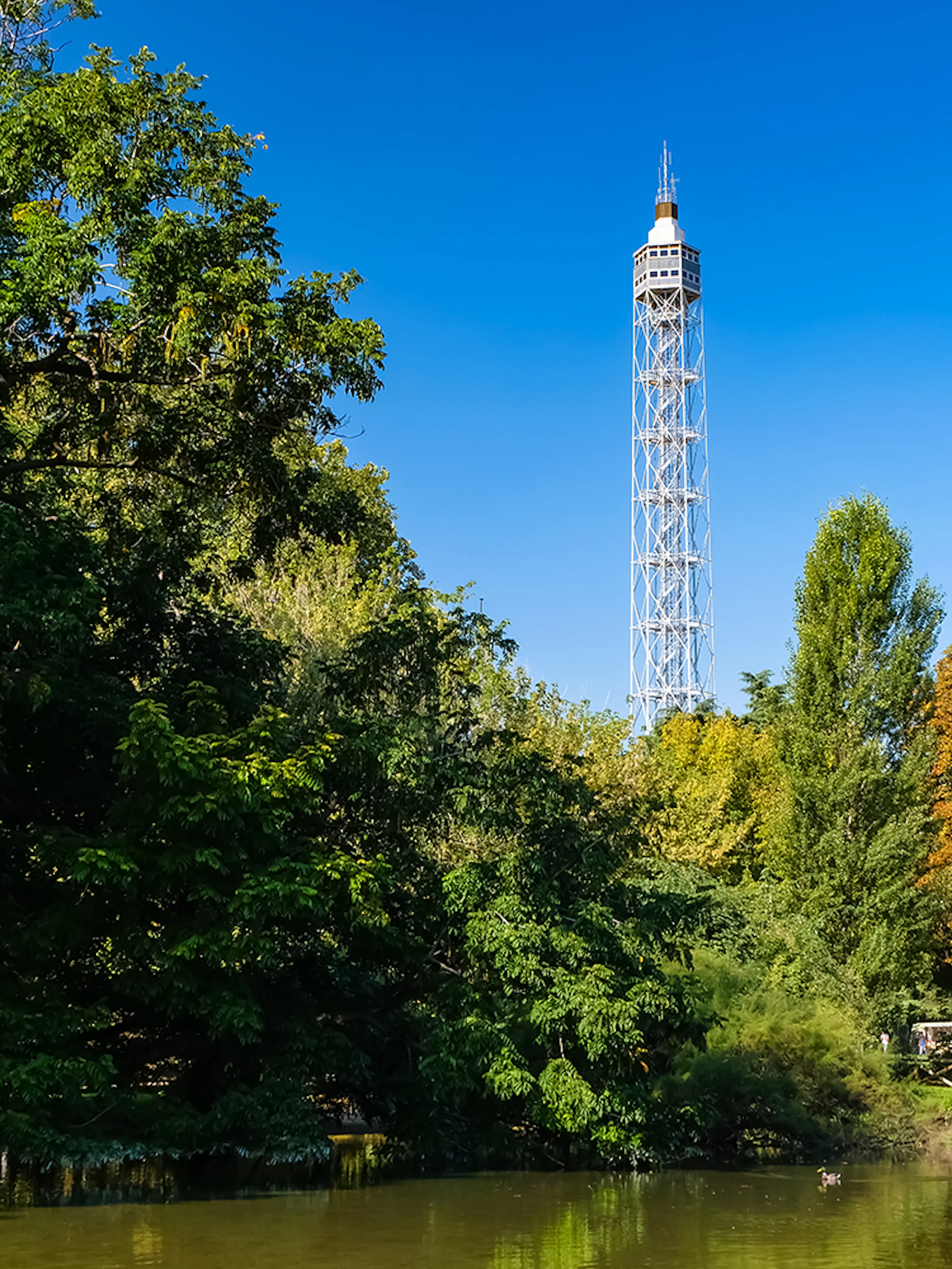 Torre Branca rising above lush trees in Milan's Sempione Park.