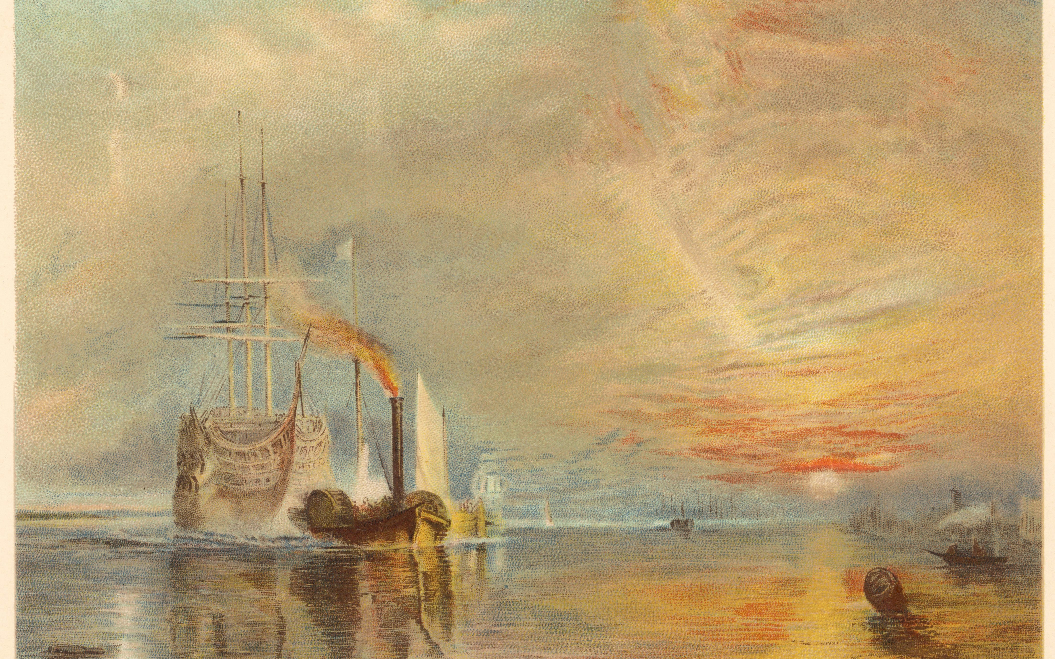 The Fighting Temeraire being towed by a steam tugboat at sunset on the River Thames.
