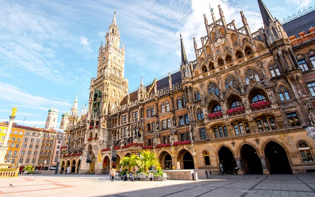 New Town Hall in Marienplatz, Munich, with its Gothic architecture and clock tower.