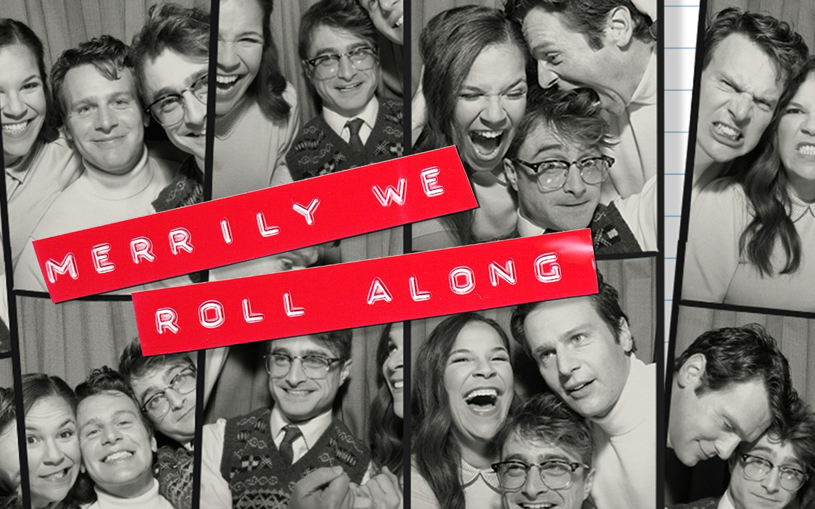 Collage of smiling people with 'Merrily We Roll Along' text in red.