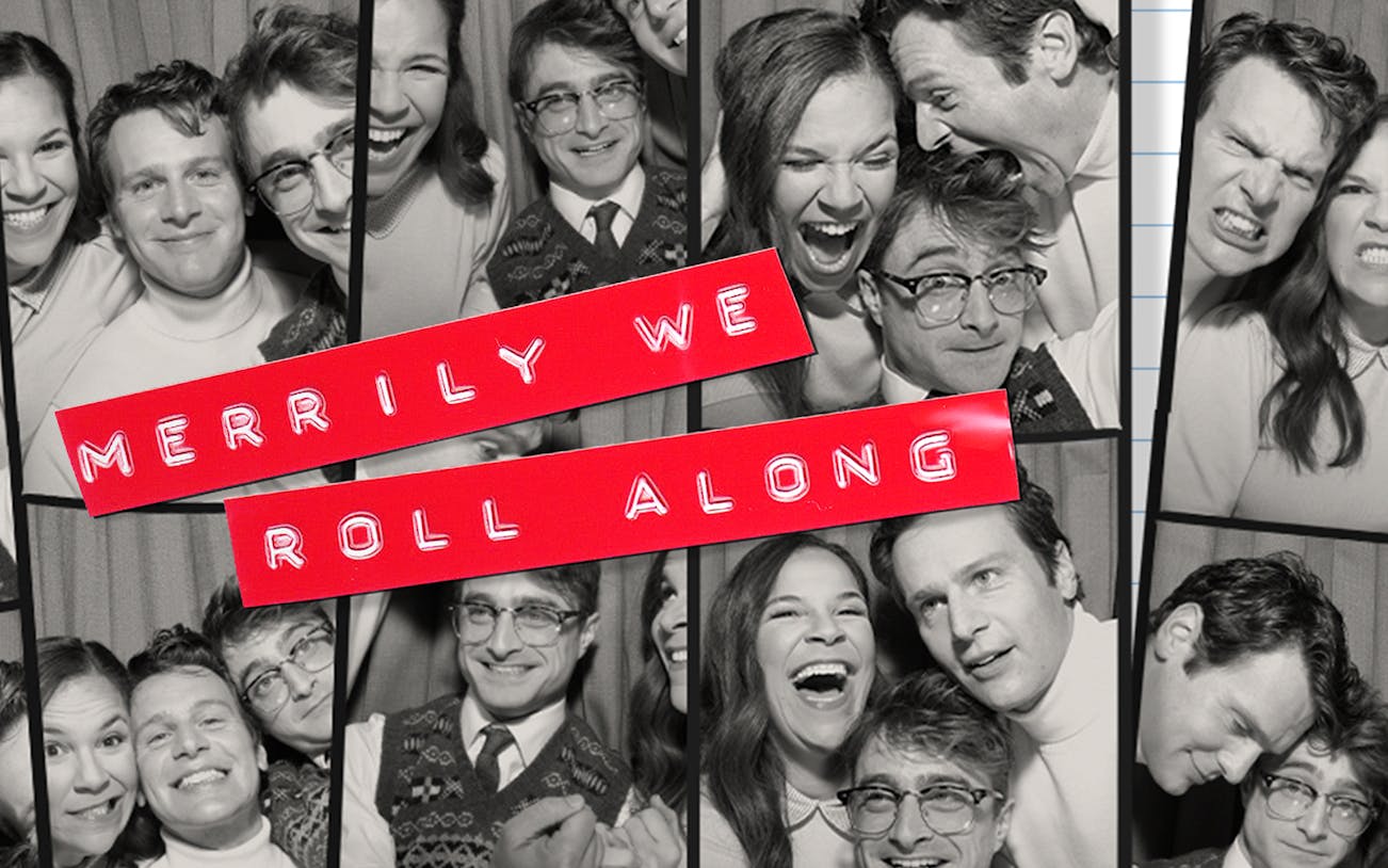 Collage of smiling people with 'Merrily We Roll Along' text in red.