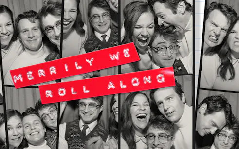 Collage of smiling people with 'Merrily We Roll Along' text in red.