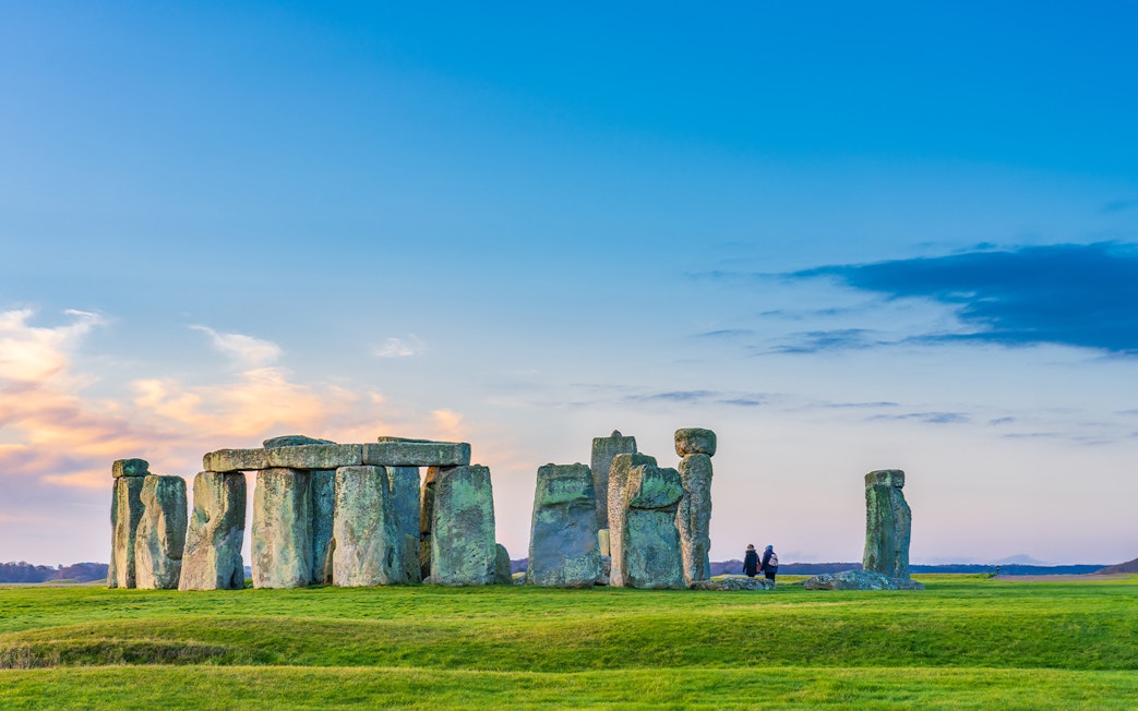 Stonehenge at sunrise with clear sky in England, United Kingdom.