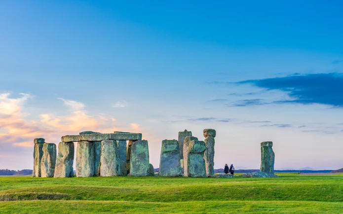 Stonehenge at sunrise with clear sky in England, United Kingdom.
