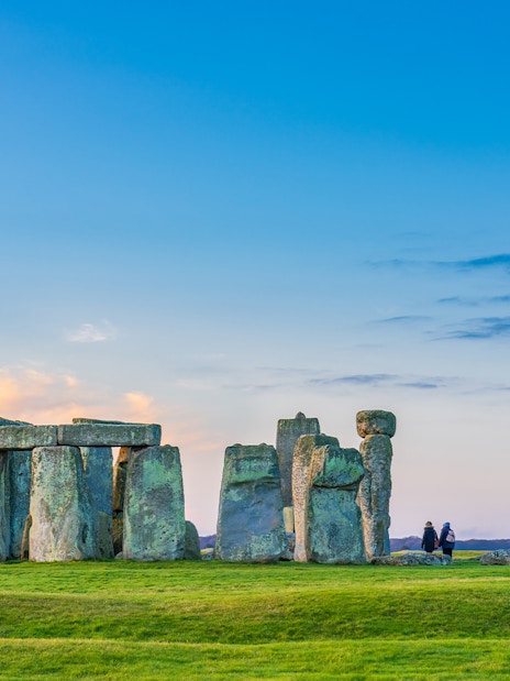 Stonehenge at sunrise with clear sky in England, United Kingdom.