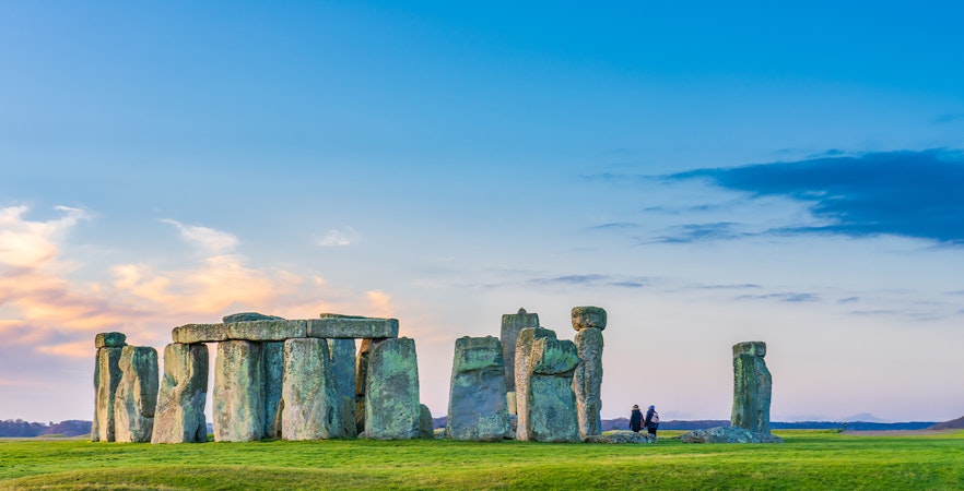 Stonehenge at sunrise with clear sky in England, United Kingdom.