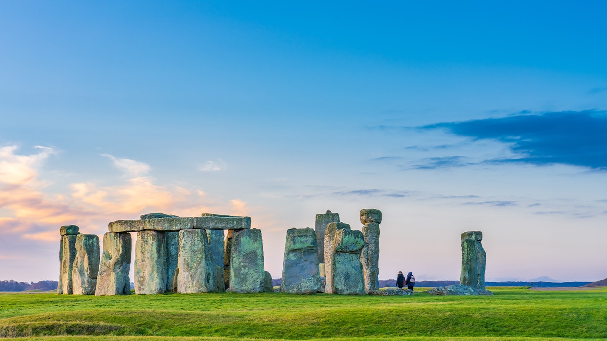 Stonehenge at sunrise with clear sky in England, United Kingdom.