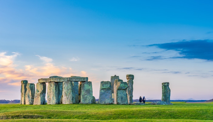 Stonehenge at sunrise with clear sky in England, United Kingdom.