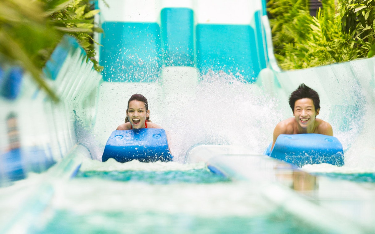 Riders enjoying a water slide at Adventure Cove Waterpark™.