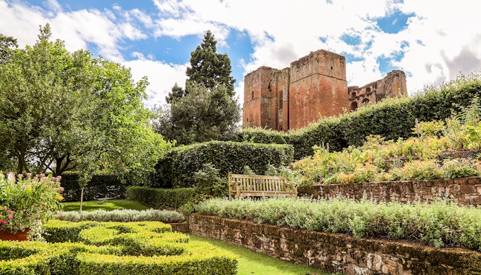 Kenilworth Castle ruins with Elizabethan Garden in Warwickshire, England.