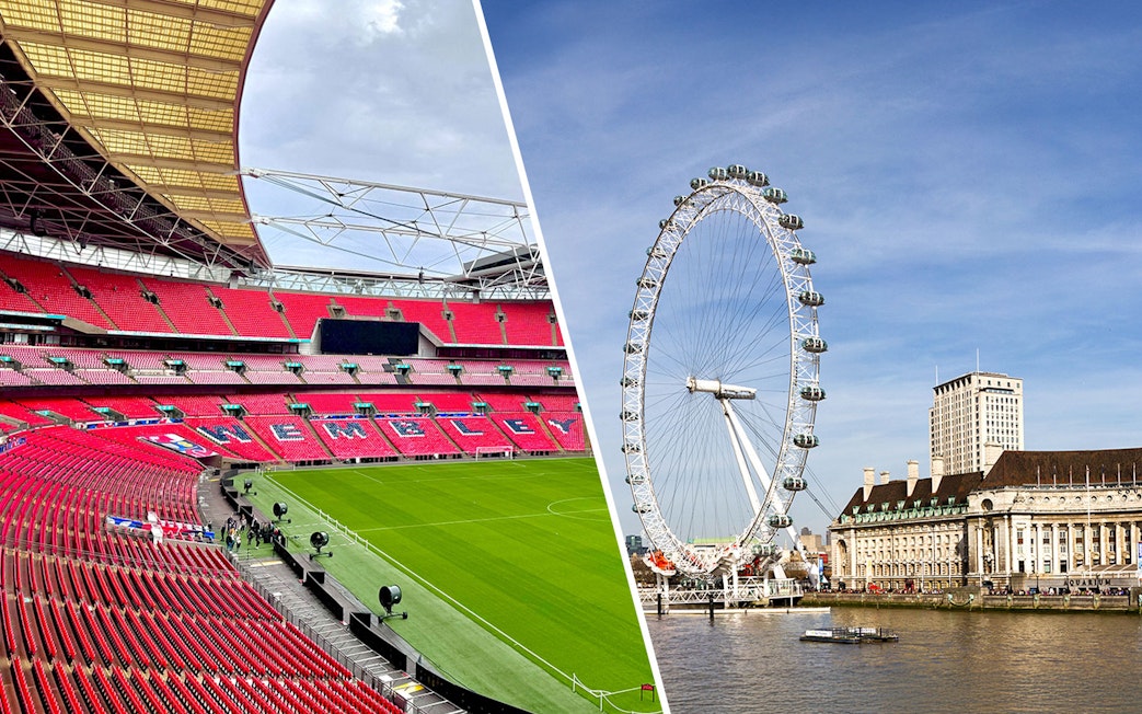 Wembley Stadium interior and London Eye on the Thames, London tour combo.