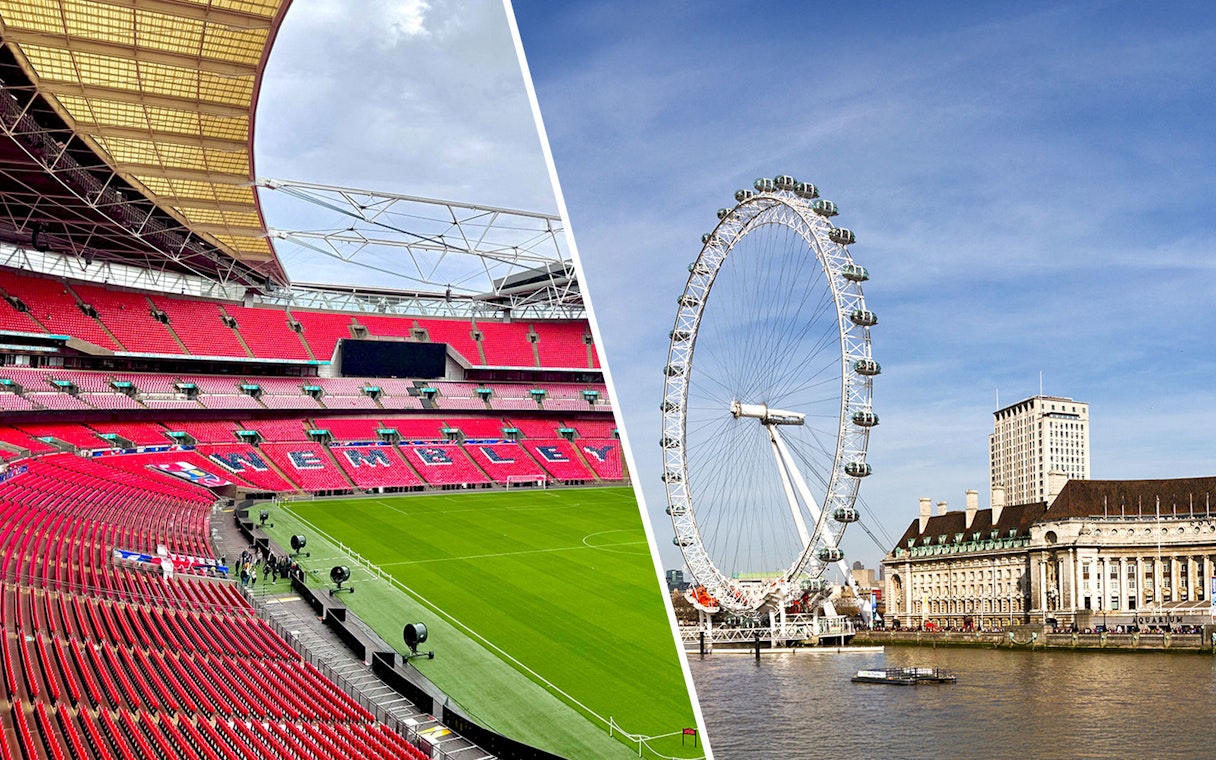 Wembley Stadium interior and London Eye on the Thames, London tour combo.