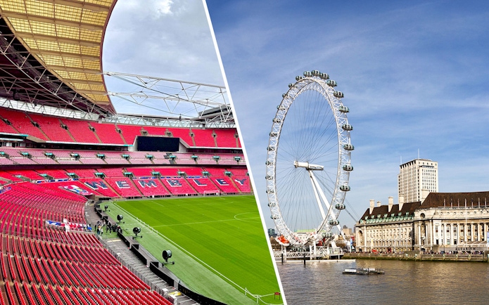 Wembley Stadium interior and London Eye on the Thames, London tour combo.