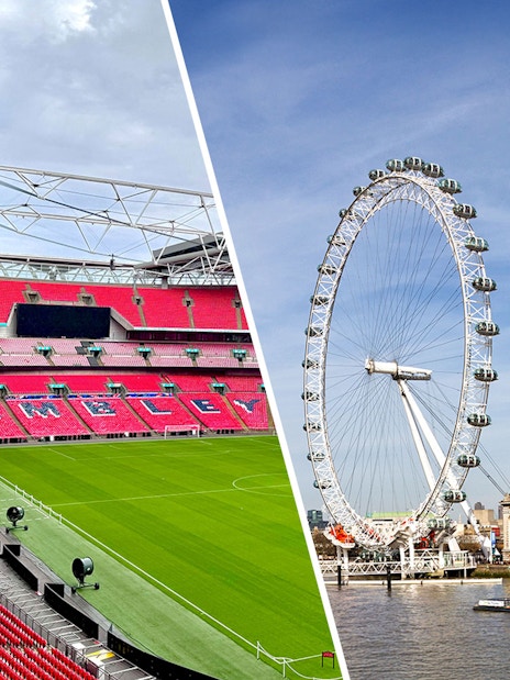 Wembley Stadium interior and London Eye on the Thames, London tour combo.