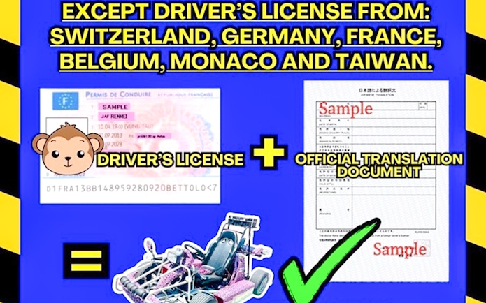 Driver's license from Switzerland, Germany, France, Belgium, Monaco, or Taiwan with translation allows driving in Japan.