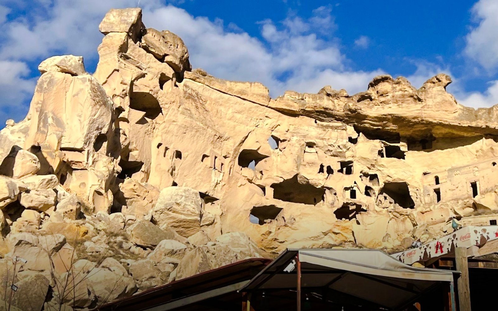 Ruins carved into rock formations in Çavuşin Village, Cappadocia.