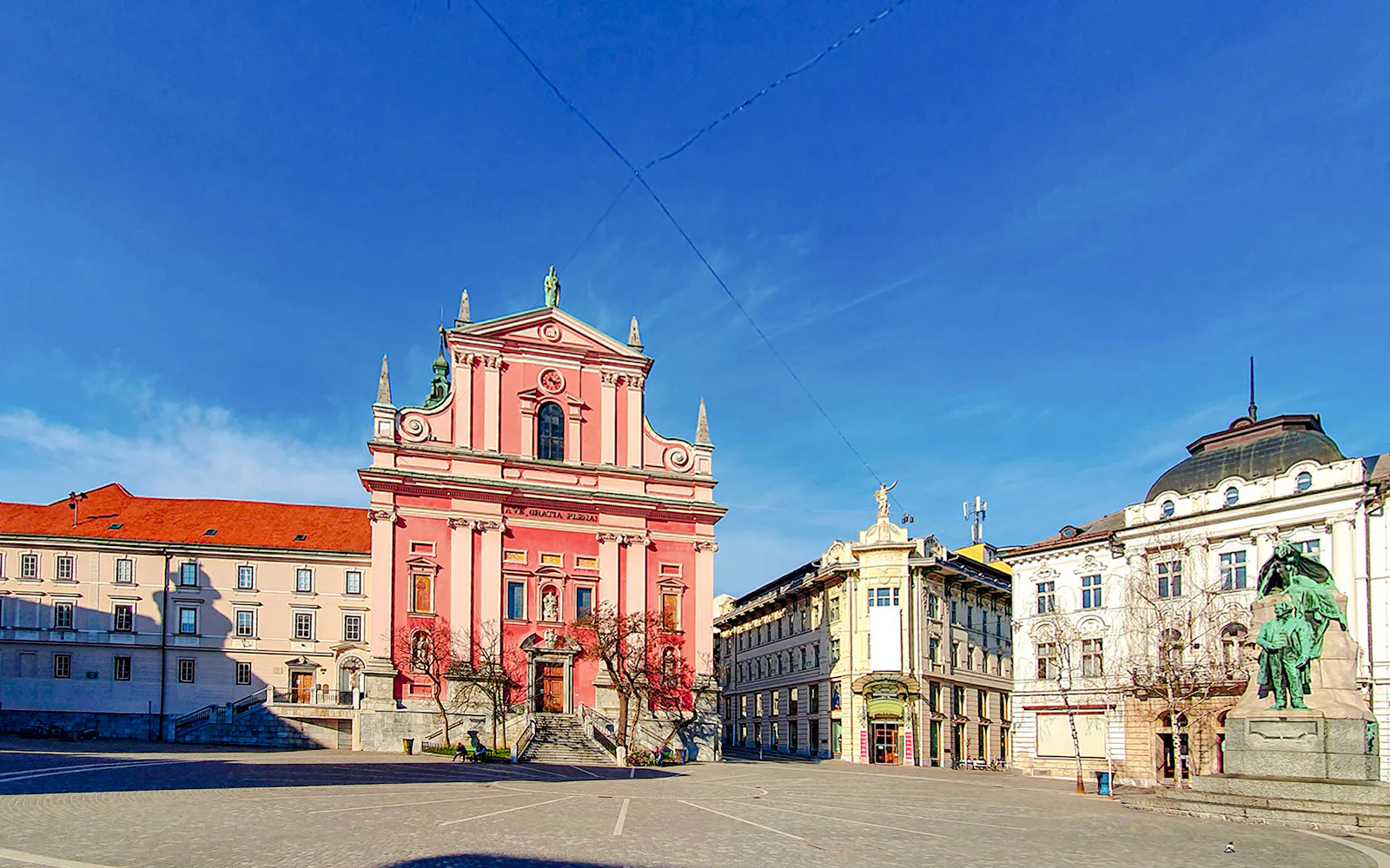 Franciscan Church and statue in Prešeren Square, Ljubljana, Slovenia.