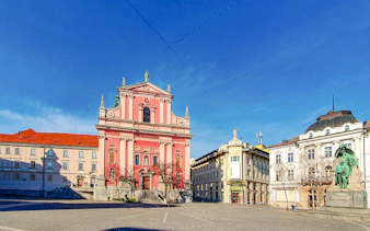 Franciscan Church and statue in Prešeren Square, Ljubljana, Slovenia.