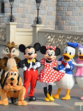 Characters at Disneyland Paris in front of a castle wall.