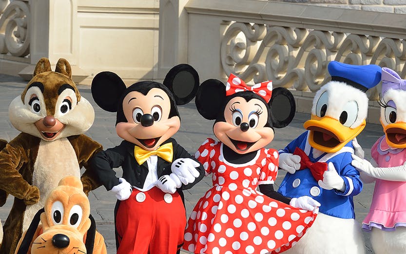 Characters at Disneyland Paris in front of a castle wall.