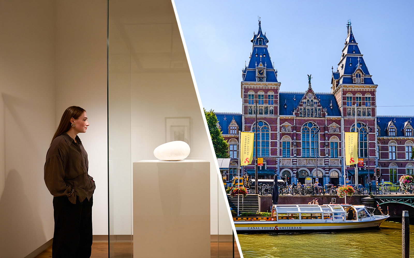 Amsterdam canal cruise boat near Rijksmuseum and woman viewing art exhibit.