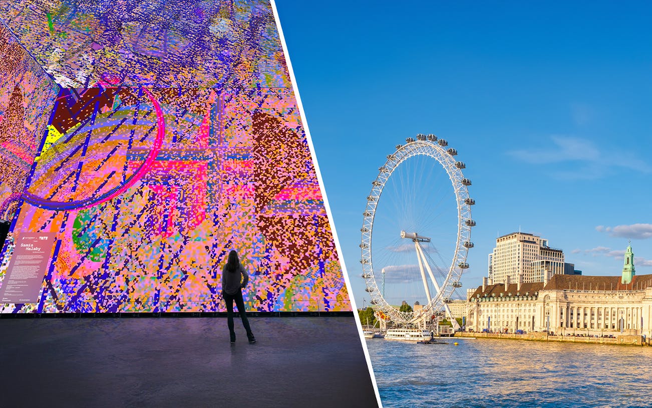 Tate Modern Electric Dreams exhibit and London Eye on a sunny day.