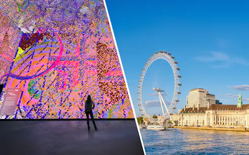 Tate Modern Electric Dreams exhibit and London Eye on a sunny day.