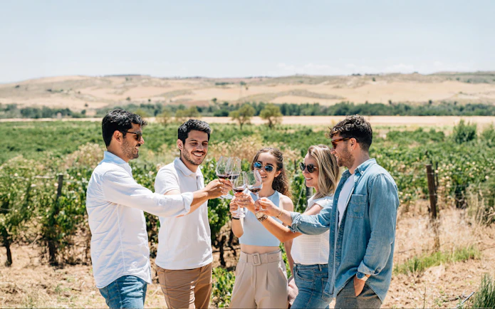 Tourists with guide tasting wine at a vineyard in Toledo.