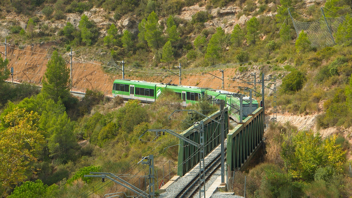 View of the cog railway from Monistrol de Montserrat to Santa Maria de Montserrat Abbey, Catalonia, Spain, Europe