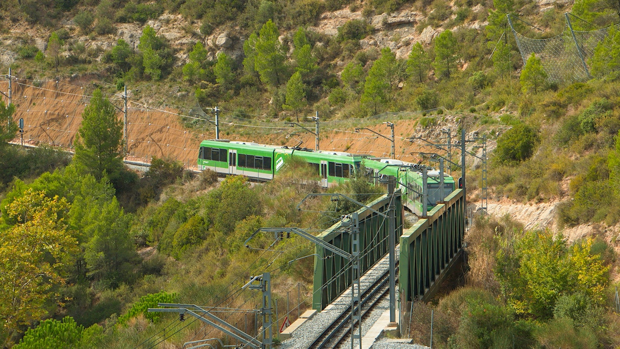 View of the cog railway from Monistrol de Montserrat to Santa Maria de Montserrat Abbey, Catalonia, Spain, Europe