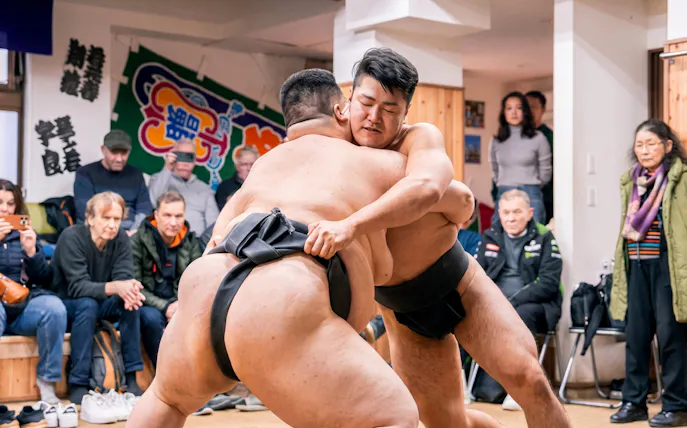 Sumo wrestlers grappling during a match in a Tokyo dojo, with spectators watching closely.