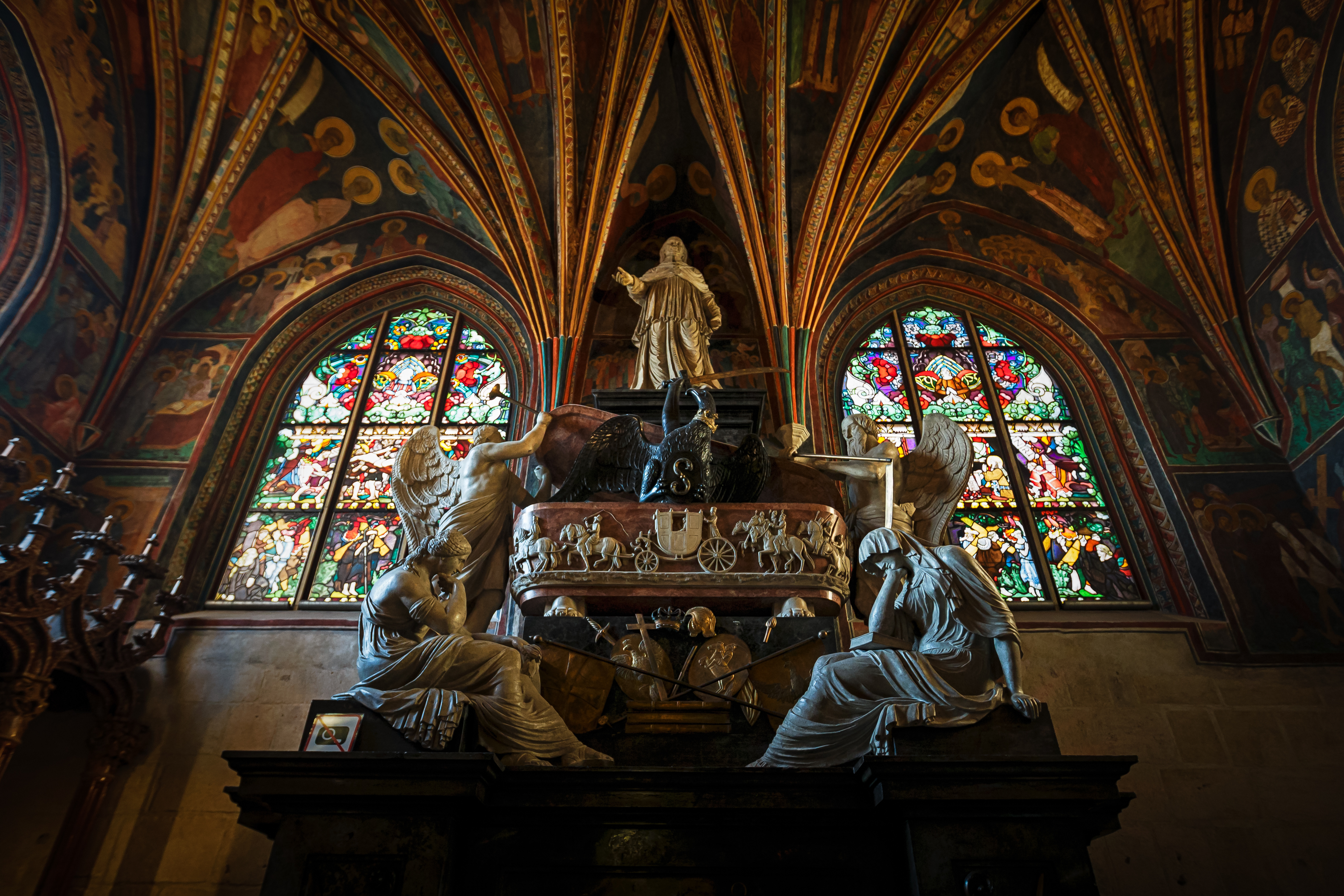 Stained glass and sculptures inside Wawel Cathedral, Kraków.