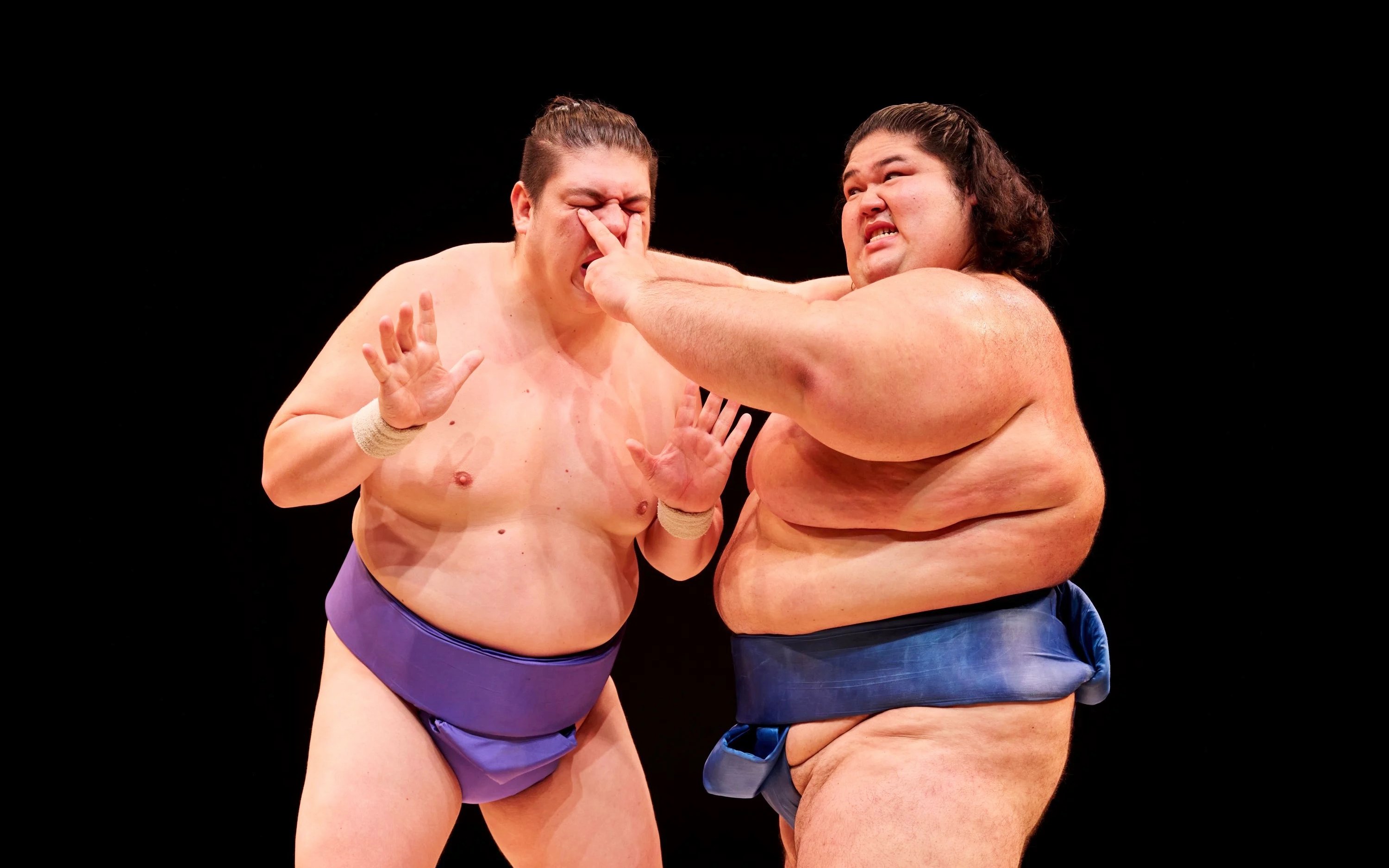 Sumo wrestlers in action at Hirakuza Ginza Tokyo Sumo Show.