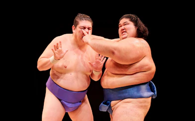 Sumo wrestlers in action at Hirakuza Ginza Tokyo Sumo Show.