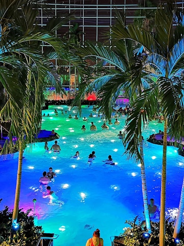 People enjoying a colorful indoor pool at Therme Bucuresti, surrounded by palm trees.