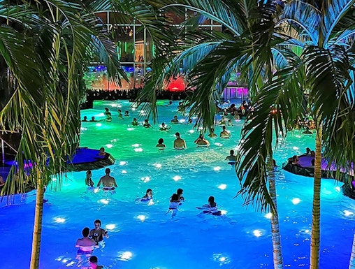 People enjoying a colorful indoor pool at Therme Bucuresti, surrounded by palm trees.