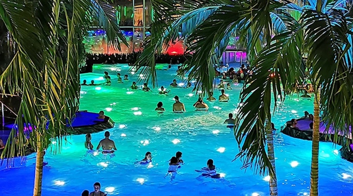 People enjoying a colorful indoor pool at Therme Bucuresti, surrounded by palm trees.