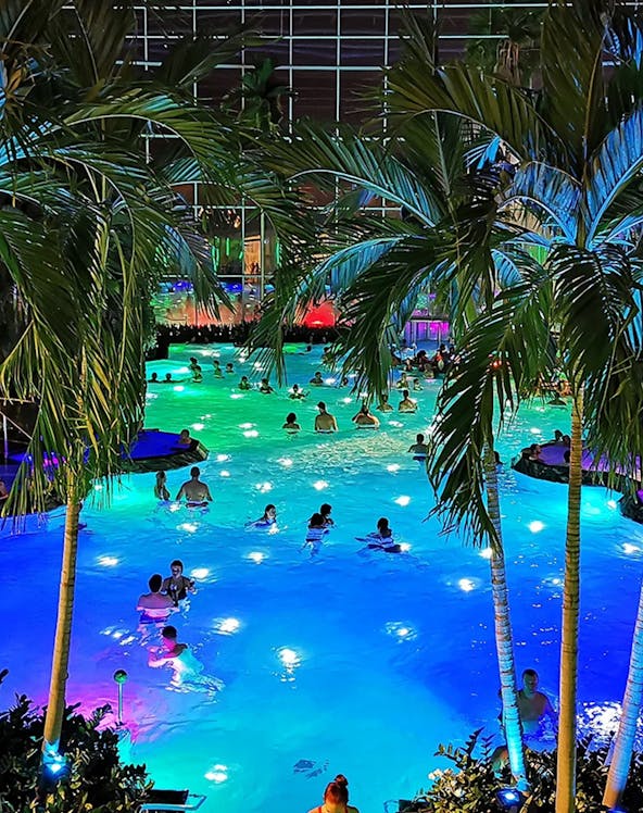 People enjoying a colorful indoor pool at Therme Bucuresti, surrounded by palm trees.