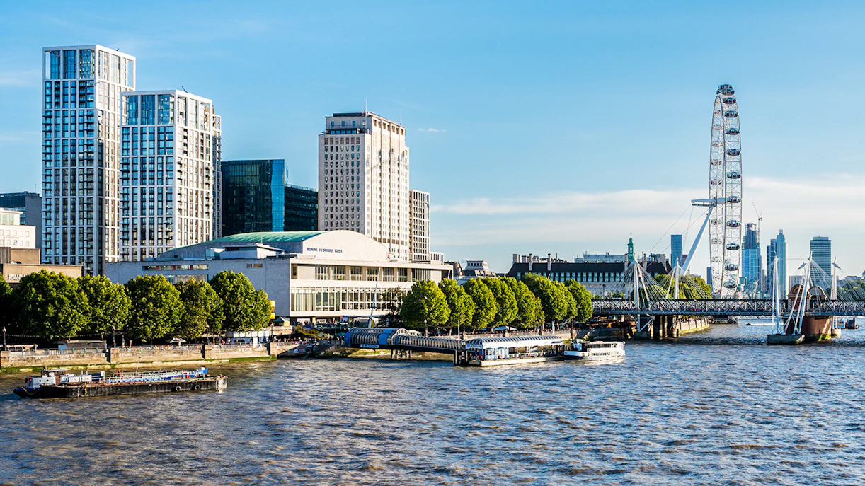 Royal Festival Hall and London Eye viewed from Thames River.