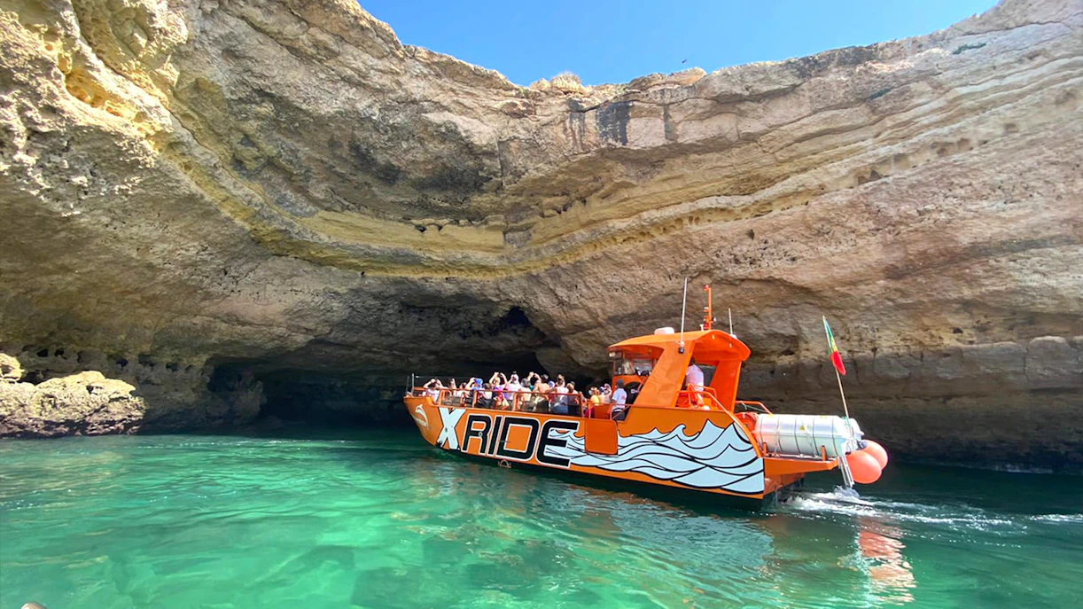 Boat entering Benagil Cave during guided tour from Albufeira.