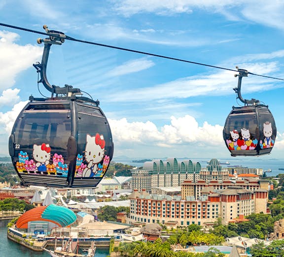 Cable cars with Hello Kitty design over Sentosa Island, Singapore.