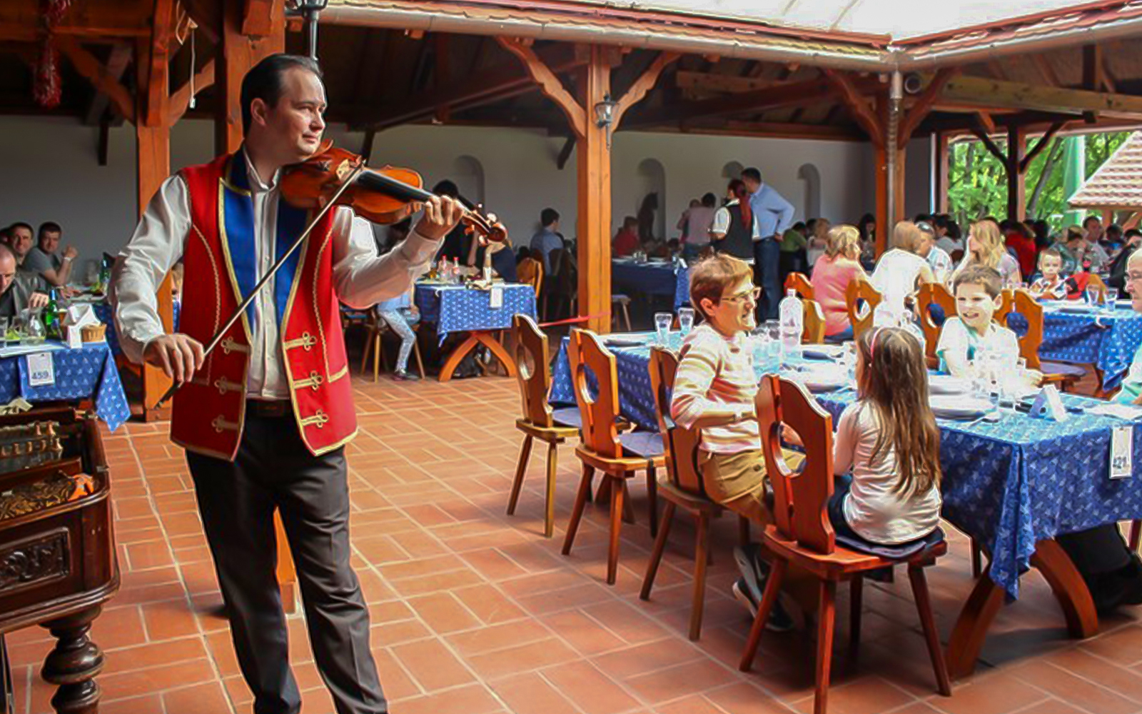 Guests dining with live violin music during Puszta Day Trip to Kecskemét from Budapest.