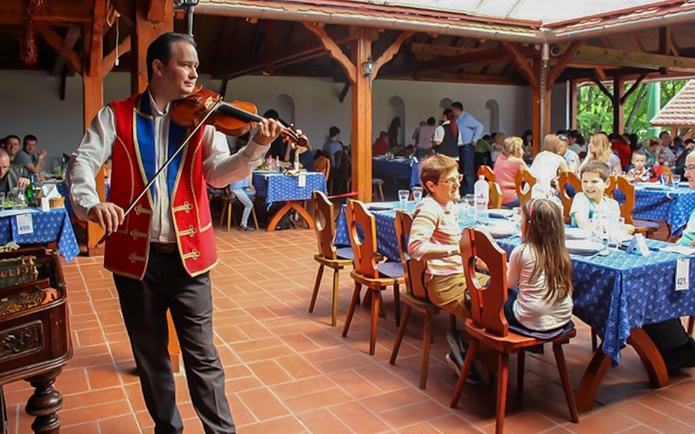 Guests dining with live violin music during Puszta Day Trip to Kecskemét from Budapest.