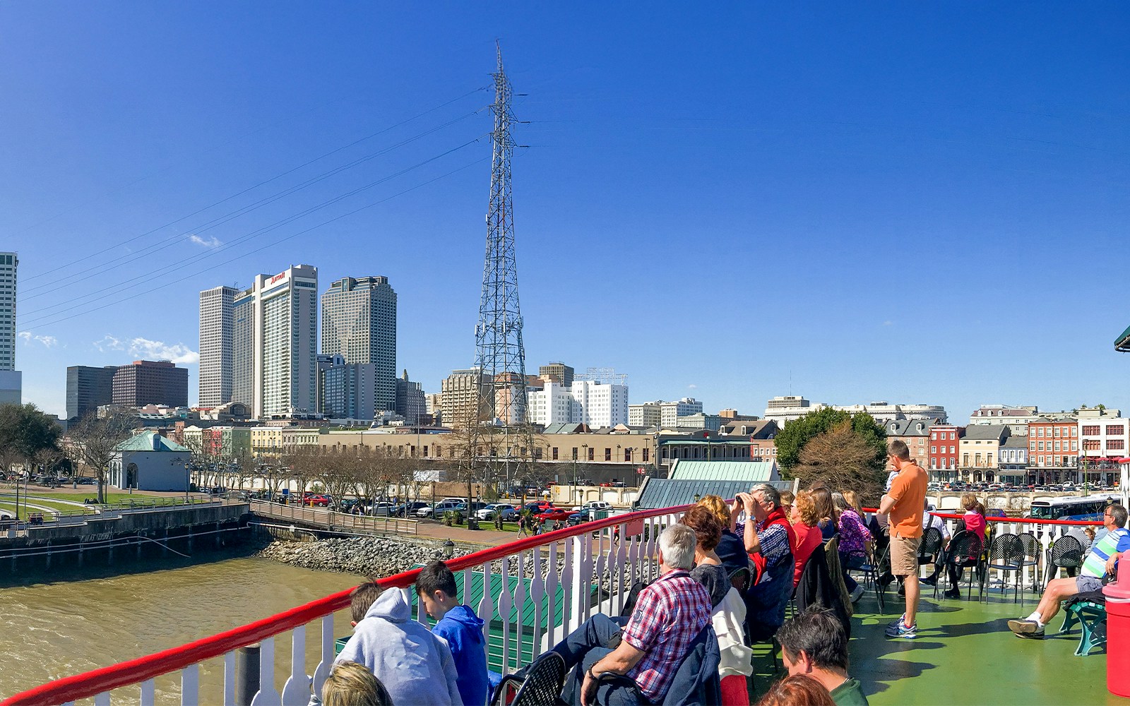 New Orleans city skyline view from Steamboat Natchez on Mississipi river