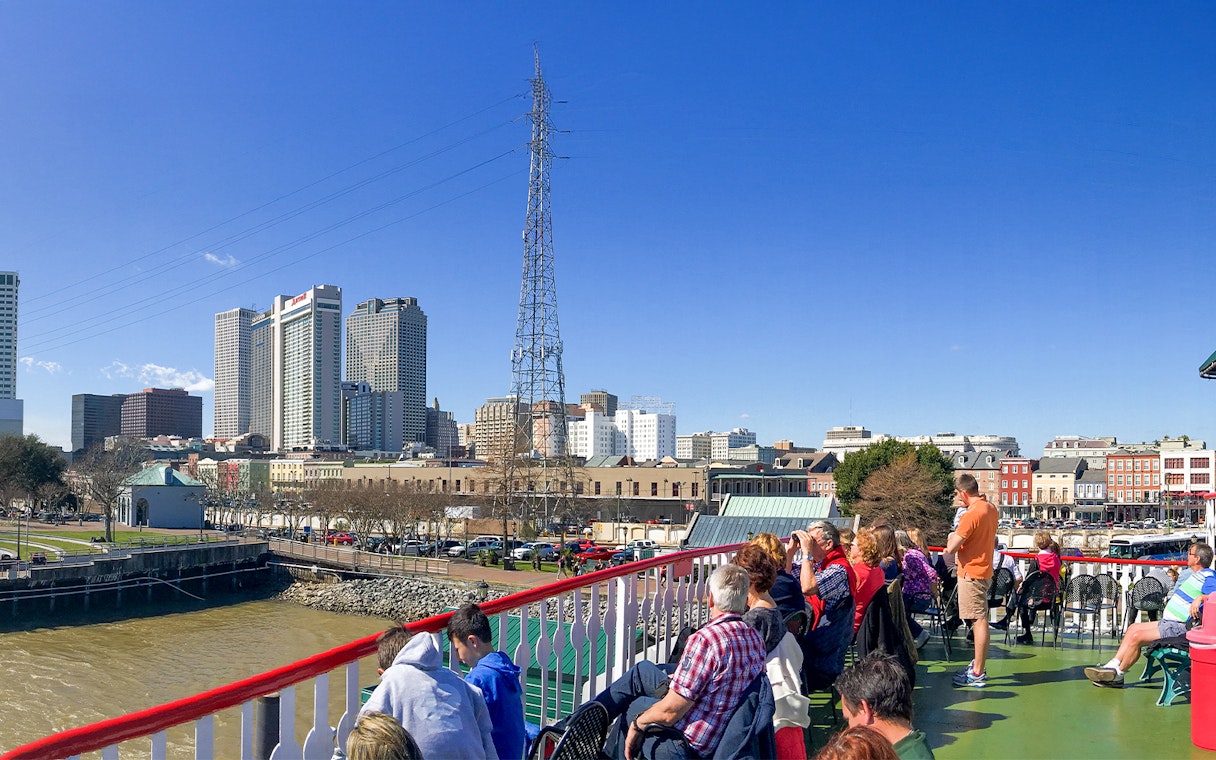 New Orleans skyline viewed from Steamboat Natchez on the Mississippi River.