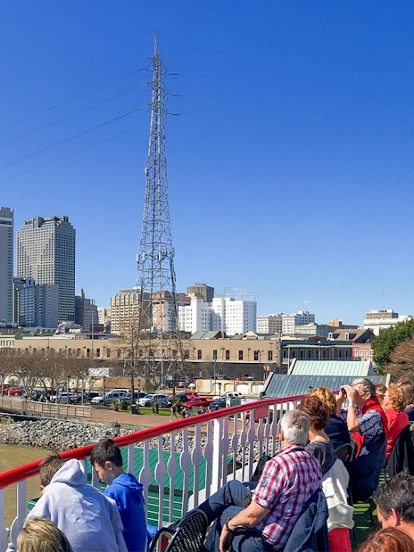 New Orleans skyline viewed from Steamboat Natchez on the Mississippi River.