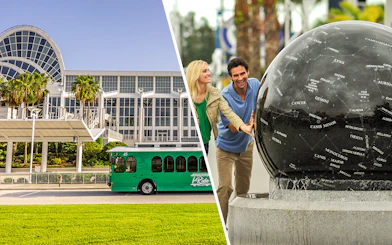 Orlando Convention Center with green trolley and couple at celestial globe.