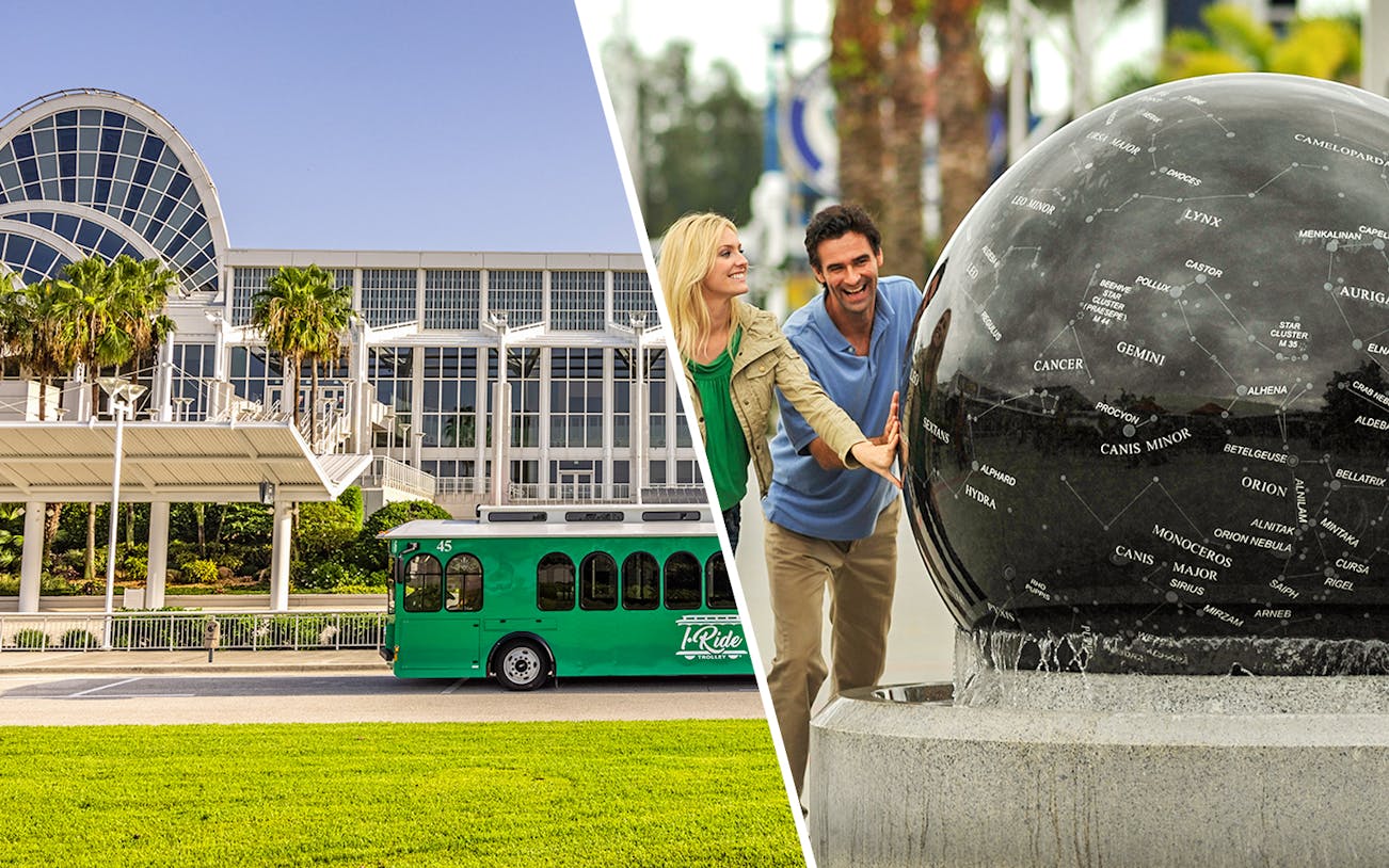 Orlando Convention Center with green trolley and couple at celestial globe.
